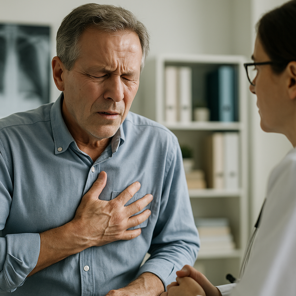 a man with his hand on his chest experiencing severe pain which is a symptoms experienced by someone exposed with asbestos wheter for short or long term exposure